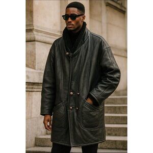 Men's Long Black Leather Shearling Coat  Vintage Double-Breasted Winter Jacket L
